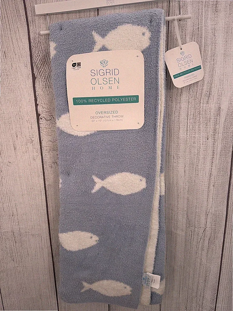 Sigrid Olsen Throw Blanket 50x70 Light Blue White Fish Seashore Nautical Beach