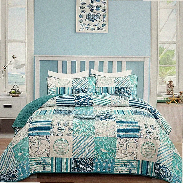 Summer Nautical Ocean Quilt Set Twin Size, Beige Blue Green Beach Coastal The...