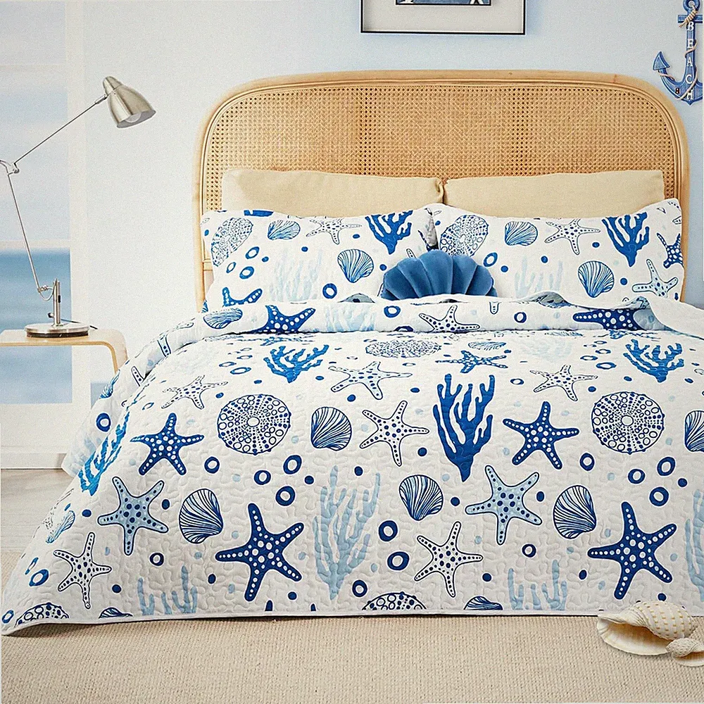 Twin Quilt Bedding Set Coastal White Bedspreads - Soft Bed Summer Beach Nautical