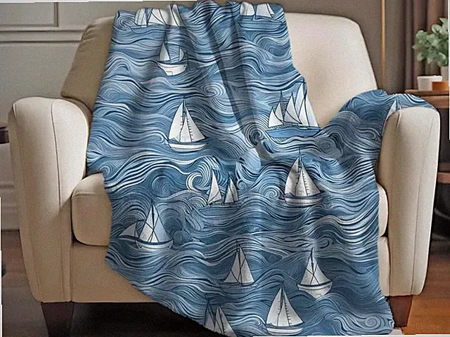 Two Color Nautical Sherpa Blanket Coastal Navy Home Decor Throw