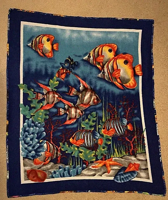 Vintage Tropical Fish Fleece Blanket Ocean Underwater Nautical Doublesided Throw