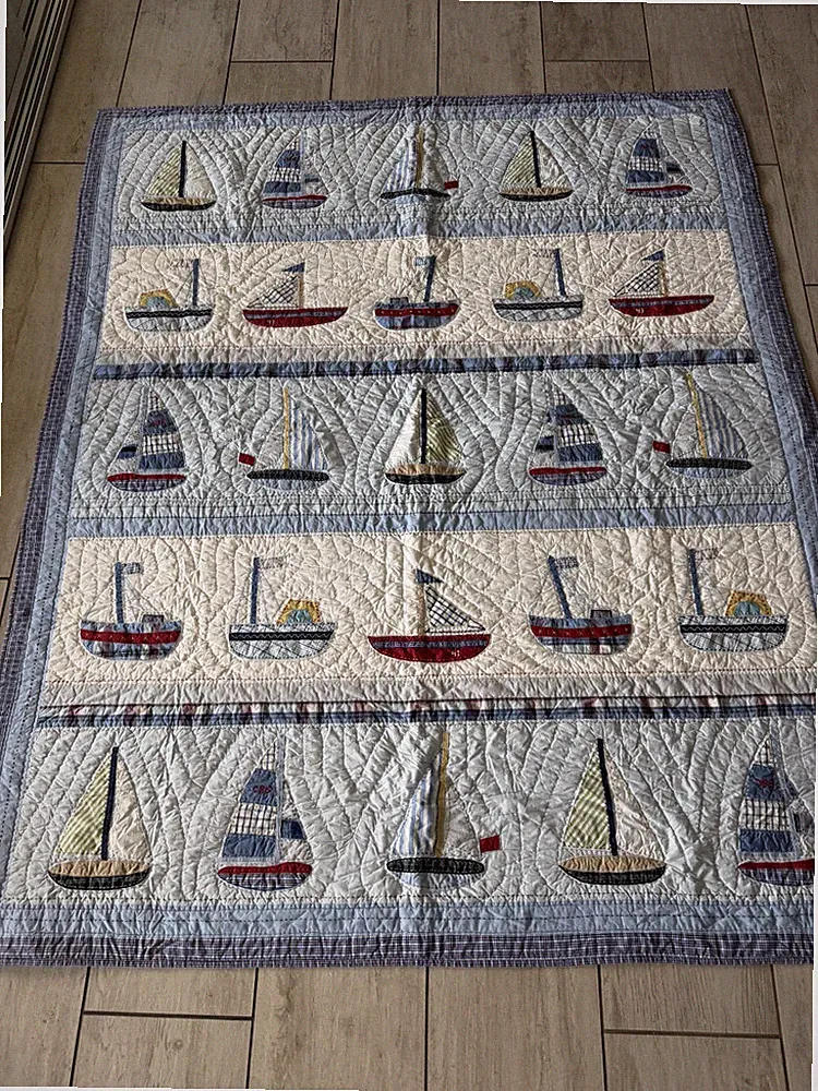 VTG Pottery Barn Kids Sailboat Quilt Twin Nautical Patchwork Appliqué 68x86