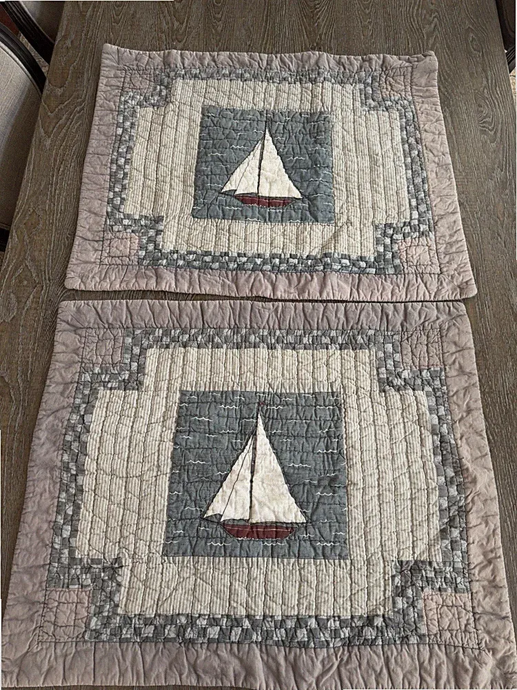 VTG Sailboat Quilted Pillow Shams 29X 23 EUC Cotton Nautical Coastal