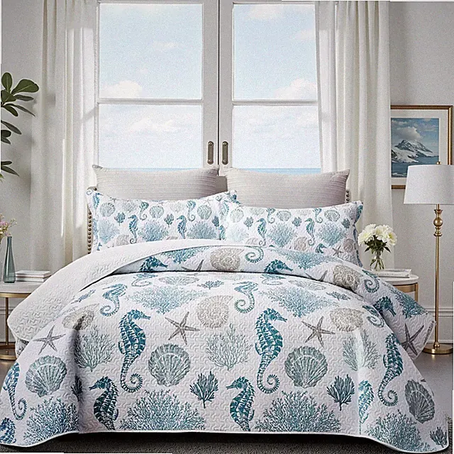weesire Coastal Bedding Queen Size Quilt with 2 Queen, Seahorse